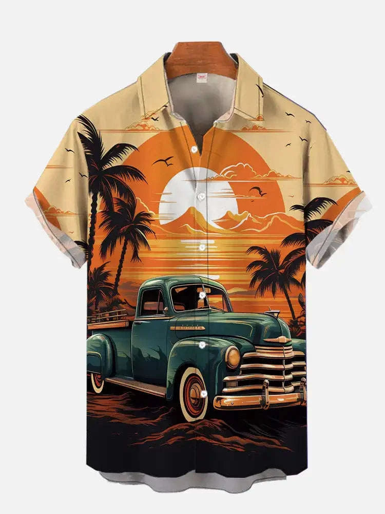 The Golden Era Edition Premium Men's 1970s-1980s Retro Pin-Up Hawaiian Shirt - High-Definition Vintage Poster Graphic Muscle Car Trousers Accent Shirt, Breathable Harajuku Streetwear Urban-Holiday Short-Sleeve Apparel