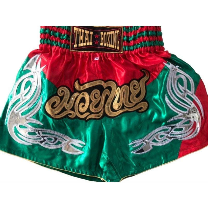 🥊 The Heritage Elite: Authentic Premium Satin Muay Thai Shorts – Ultra-Soft High-Gloss Boxing Trunks, Handcrafted Multi-Size Elastic Waistband, Factory-Direct Export Grade for Adults and Kids (Green and red Muay Thai shorts)