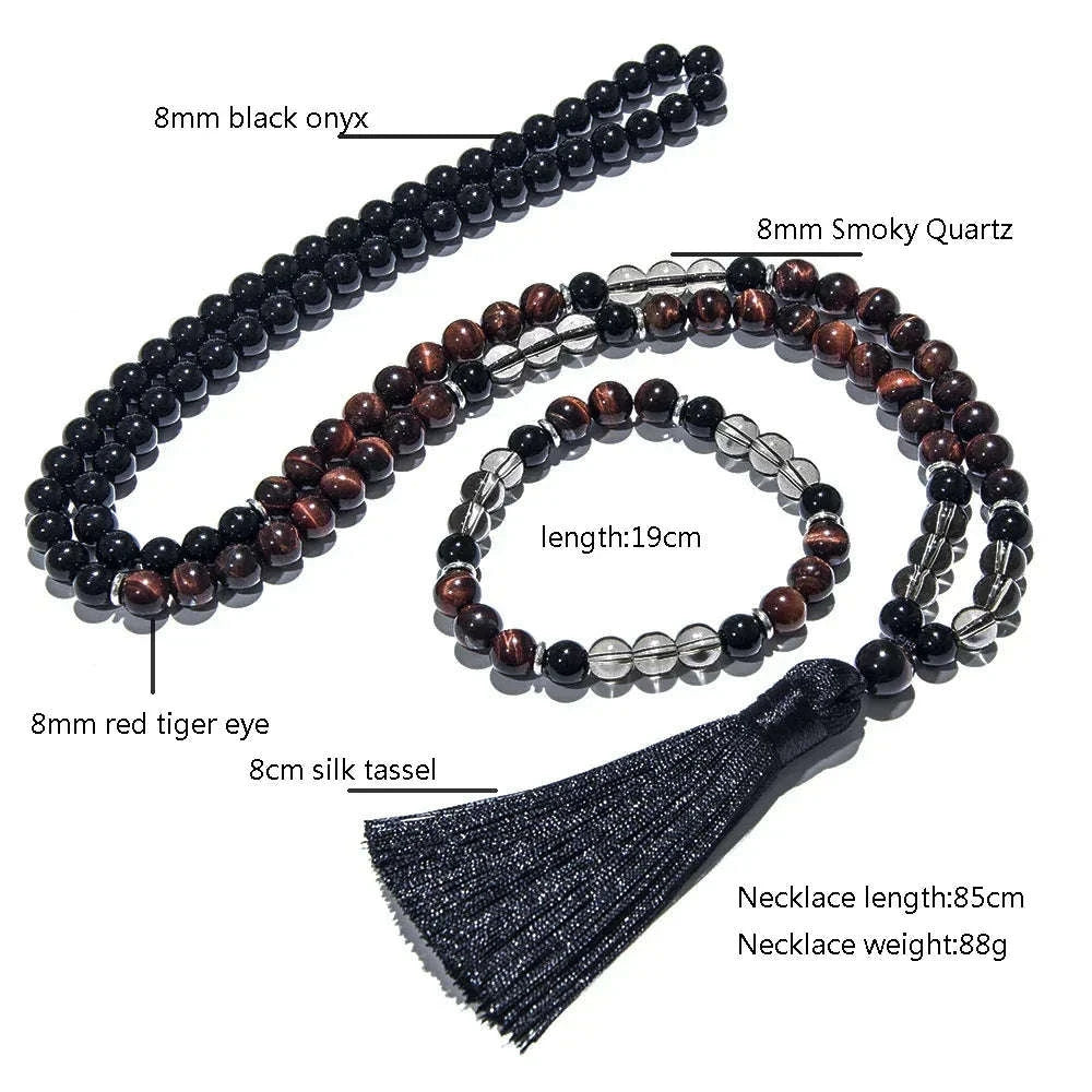 🔥 The "Ignite & Shield" Set: Red Tiger Eye & Black Onyx 108 Mala Necklace + Bracelet (Motivation & Protection)