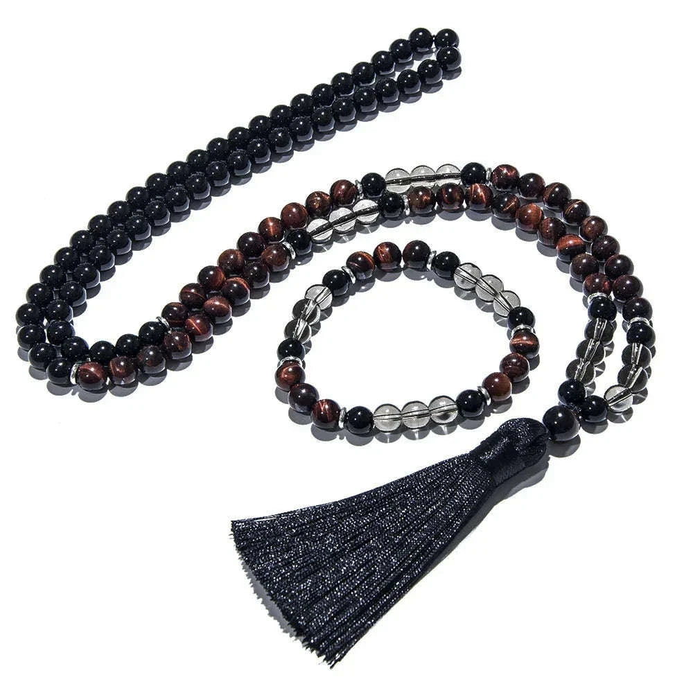 🔥 The "Ignite & Shield" Set: Red Tiger Eye & Black Onyx 108 Mala Necklace + Bracelet (Motivation & Protection) Necklace Set