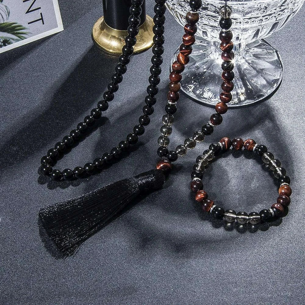 🔥 The "Ignite & Shield" Set: Red Tiger Eye & Black Onyx 108 Mala Necklace + Bracelet (Motivation & Protection)