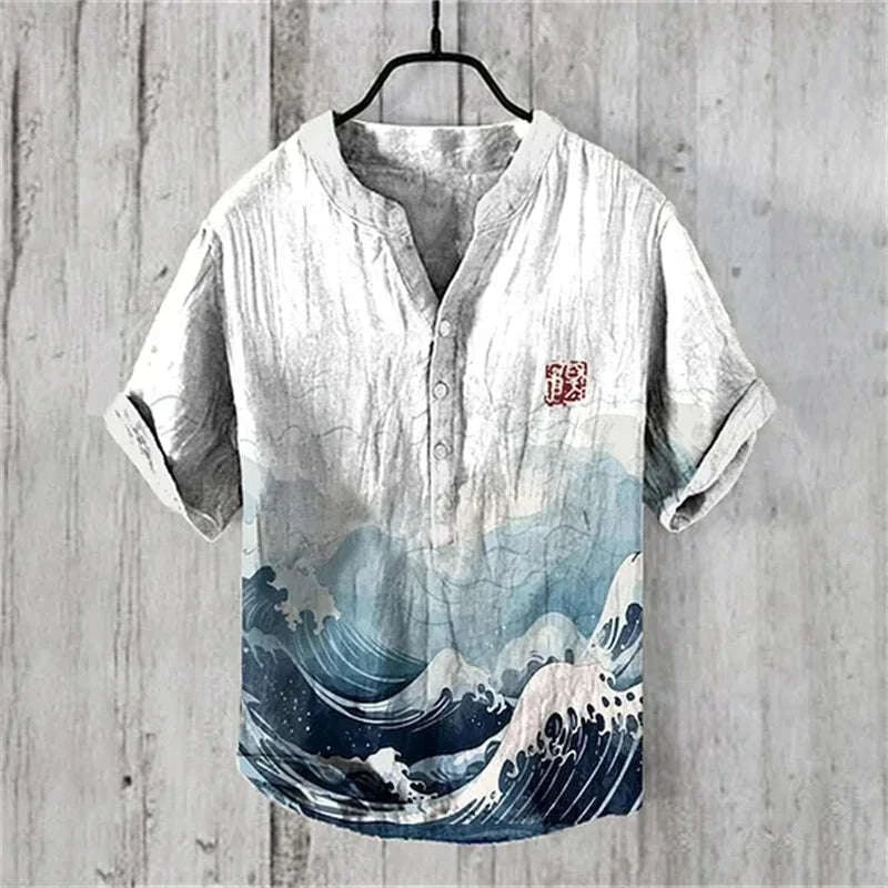 🌊 The Kanagawa Gallery Edition: Premium Men’s Summer V-Neck – High-Definition "The Great Wave off Kanagawa" Graphic Print, Breathable Linen-Blend Performance Fabric, and Sophisticated Modern-Fit Designer Tee