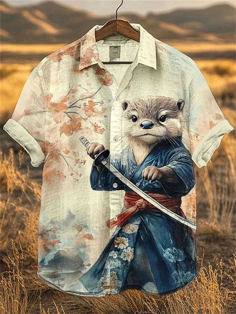 ⚔️ The Neko-Warrior Heritage: Premium Men’s 3D Samurai Cat Linen Shirt – High-Definition Plum Blossom Graphic Print, Breathable Organic Cotton-Linen Blend, and Sophisticated Harajuku-Inspired Summer Button-Down ML6511