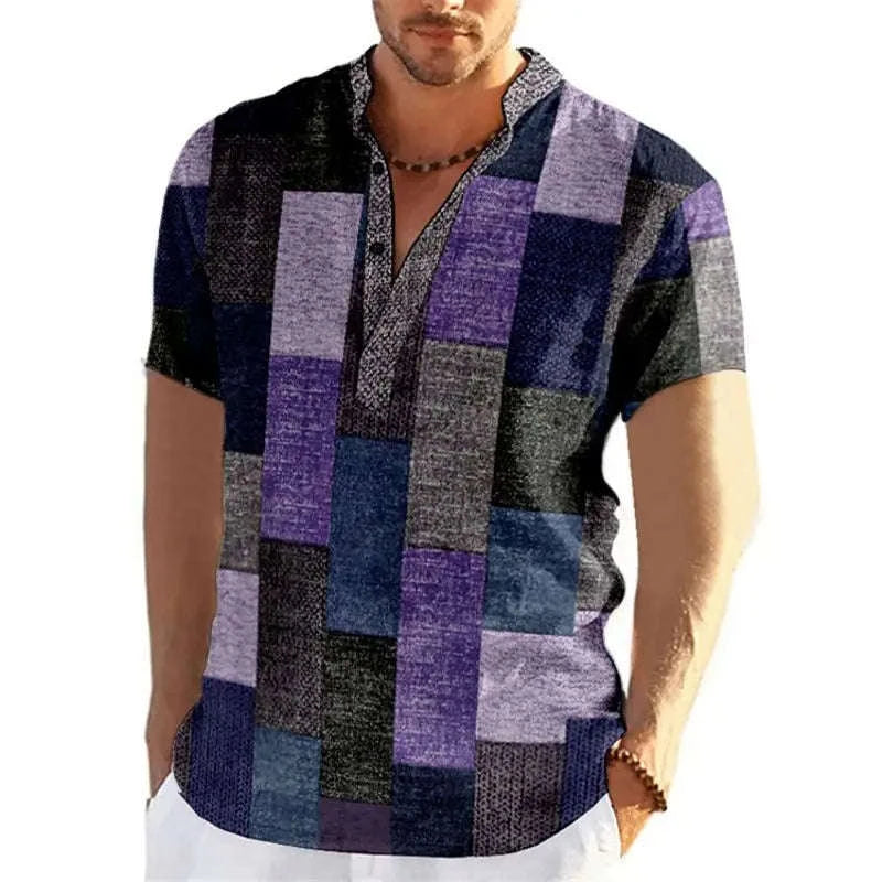🎨 The Neo-Vintage 3D Patchwork Henley: Premium Men's Color-Block Fashion Tee – High-Definition Digital Print, Breathable Short-Sleeve 3-Button Henley, and Sophisticated Slim-Relaxed Fit