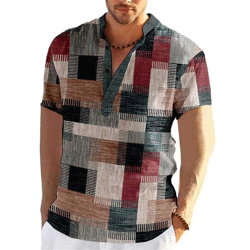 🎨 The Neo-Vintage 3D Patchwork Henley: Premium Men's Color-Block Fashion Tee – High-Definition Digital Print, Breathable Short-Sleeve 3-Button Henley, and Sophisticated Slim-Relaxed Fit