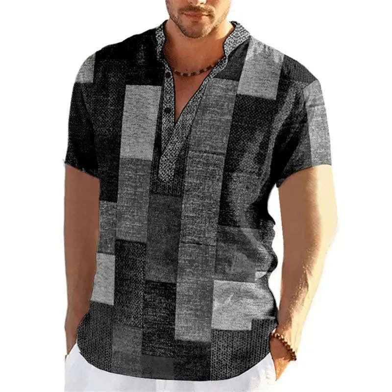 🎨 The Neo-Vintage 3D Patchwork Henley: Premium Men's Color-Block Fashion Tee – High-Definition Digital Print, Breathable Short-Sleeve 3-Button Henley, and Sophisticated Slim-Relaxed Fit