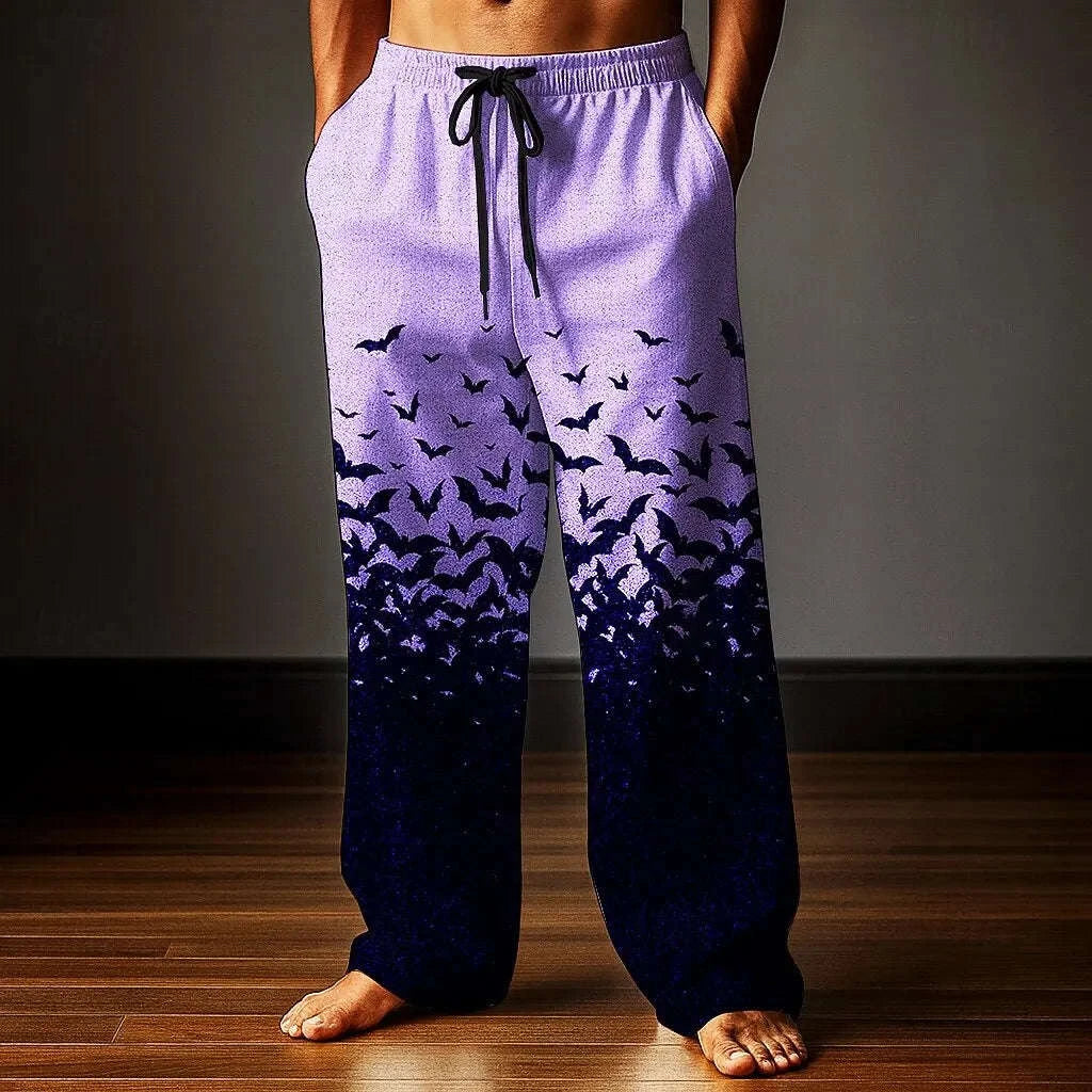 🦇 The Nocturnal Shadow: Premium Men’s Halloween Bat Print Trousers – High-Definition 3D Gothic Graphic, Mid-Waist Elastic Drawstring Fit, and Sophisticated Wide-Leg Casual Lounge Pants SJZHH20252211P