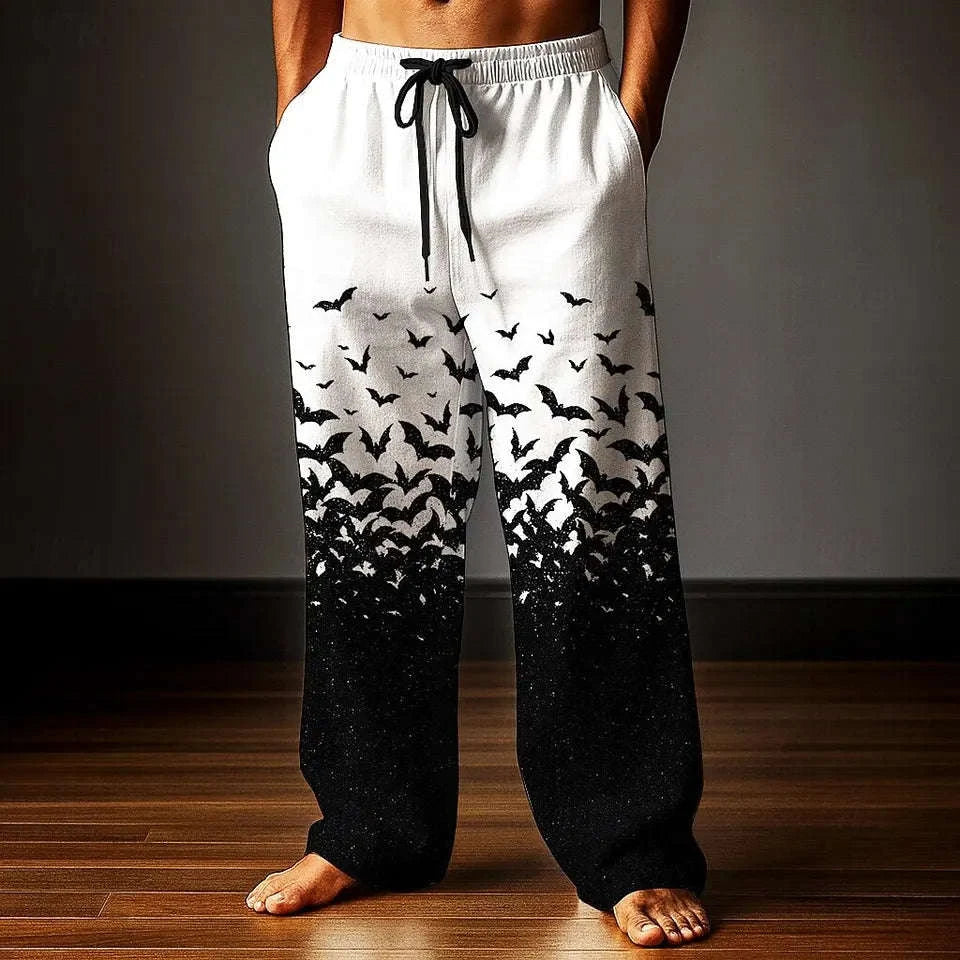 🦇 The Nocturnal Shadow: Premium Men’s Halloween Bat Print Trousers – High-Definition 3D Gothic Graphic, Mid-Waist Elastic Drawstring Fit, and Sophisticated Wide-Leg Casual Lounge Pants