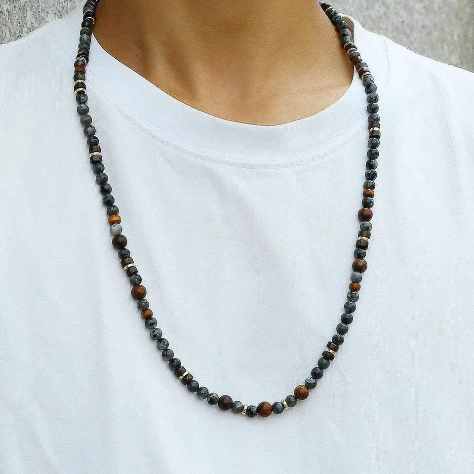 🌲 The "Nomad's Talisman": Vintage Flash Stone & Wooden Bead Tribal Necklace for Men