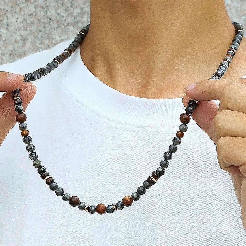 🌲 The "Nomad's Talisman": Vintage Flash Stone & Wooden Bead Tribal Necklace for Men