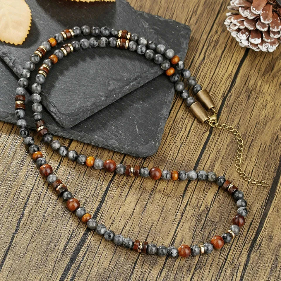 🌲 The "Nomad's Talisman": Vintage Flash Stone & Wooden Bead Tribal Necklace for Men