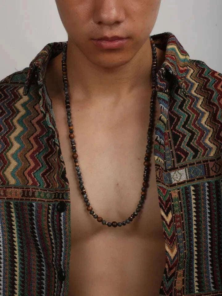 🌲 The "Nomad's Talisman": Vintage Flash Stone & Wooden Bead Tribal Necklace for Men