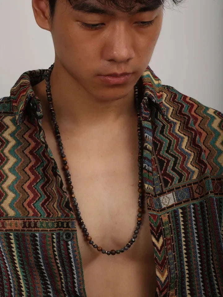 🌲 The "Nomad's Talisman": Vintage Flash Stone & Wooden Bead Tribal Necklace for Men