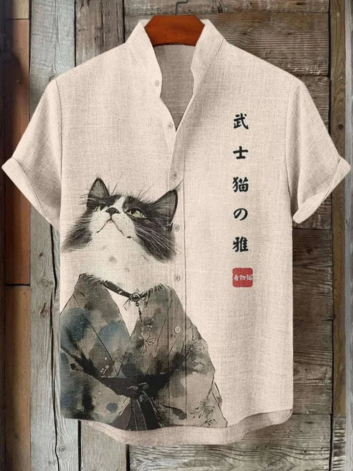 🌸 The Plum Blossom Heritage: Premium Men’s Summer Linen Shirt – High-Definition Oriental Floral Graphic, Modern Mandarin Standing Collar, and Sophisticated Urban-Street Short-Sleeve Button-Down