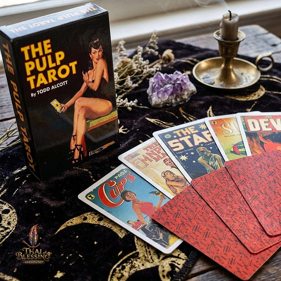The Pulp Tarot Deck (78 Pcs Vintage Magazine Art Edition by Todd Alcott) - 12x7cm Mid-Century Pulp Fiction Style Cards with Guidebook for Intuitive Readings & Collectors Thai Blessing Co By RURUECHA