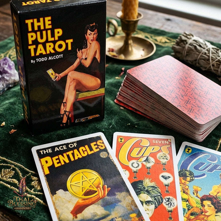The Pulp Tarot Deck (78 Pcs Vintage Magazine Art Edition by Todd Alcott) - 12x7cm Mid-Century Pulp Fiction Style Cards with Guidebook for Intuitive Readings & Collectors Thai Blessing Co By RURUECHA