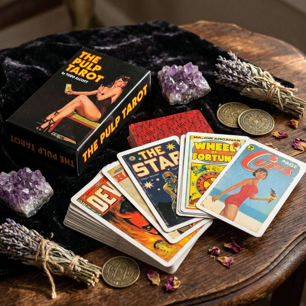The Pulp Tarot Deck (78 Pcs Vintage Magazine Art Edition by Todd Alcott) - 12x7cm Mid-Century Pulp Fiction Style Cards with Guidebook for Intuitive Readings & Collectors Thai Blessing Co By RURUECHA
