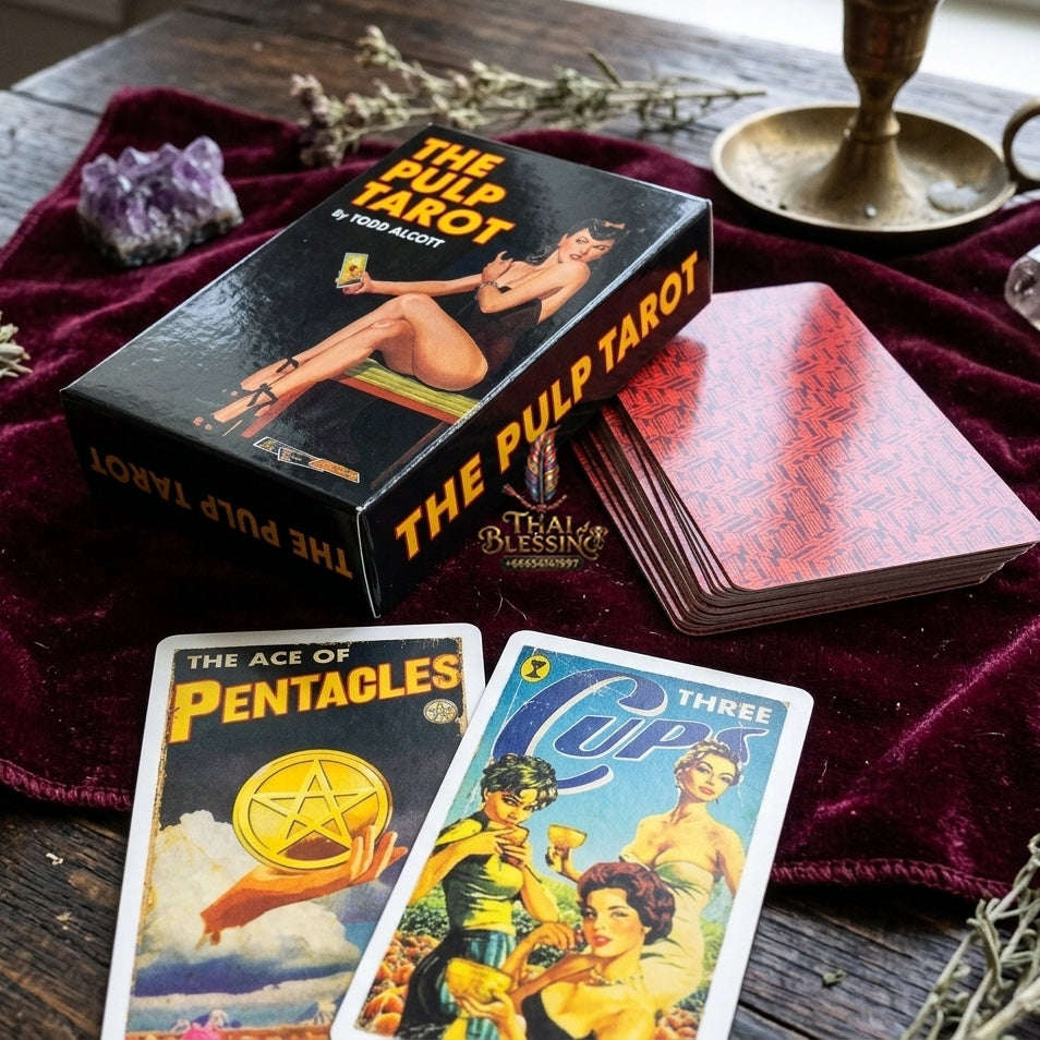 The Pulp Tarot Deck (78 Pcs Vintage Magazine Art Edition by Todd Alcott) - 12x7cm Mid-Century Pulp Fiction Style Cards with Guidebook for Intuitive Readings & Collectors Thai Blessing Co By RURUECHA