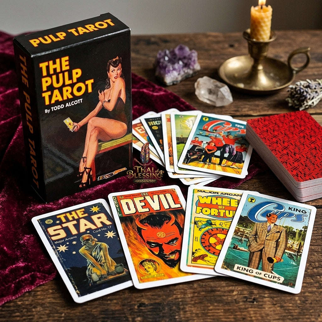 The Pulp Tarot Deck (78 Pcs Vintage Magazine Art Edition by Todd Alcott) - 12x7cm Mid-Century Pulp Fiction Style Cards with Guidebook for Intuitive Readings & Collectors Thai Blessing Co By RURUECHA