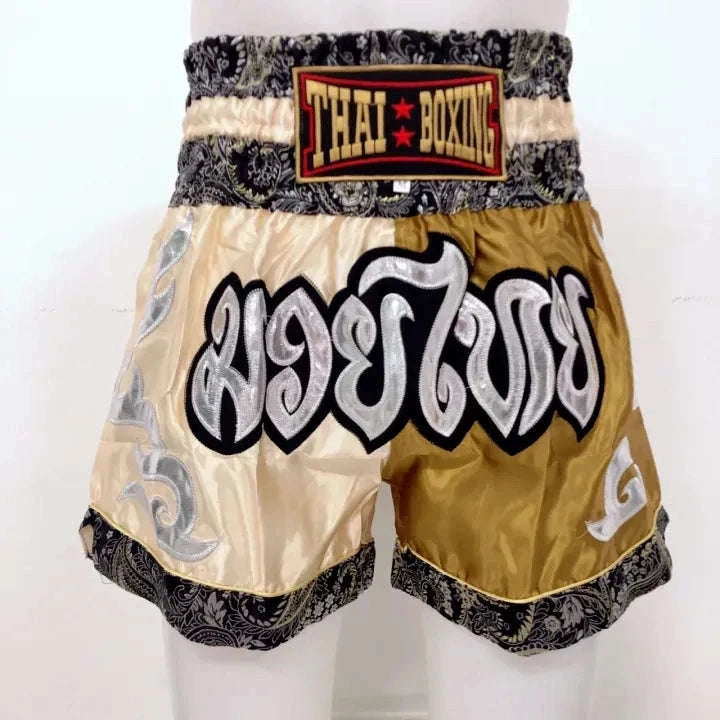 🥊 The Radiant Striker: Twotone Signature Muay Thai Shorts – Premium Vibrant Dual-Color Series, Ultra-Comfortable Stylish Boxing Trunks, Handcrafted High-Precision Export Grade for Adults and Kids (Muay Thai shorts cream white color.)