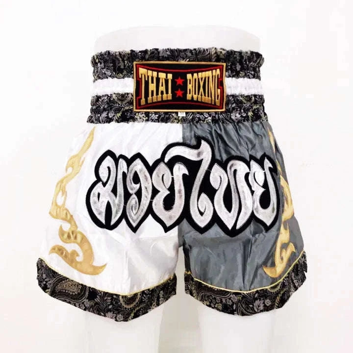 🥊 The Radiant Striker: Twotone Signature Muay Thai Shorts – Premium Vibrant Dual-Color Series, Ultra-Comfortable Stylish Boxing Trunks, Handcrafted High-Precision Export Grade for Adults and Kids (Muay Thai shorts, gray and white)