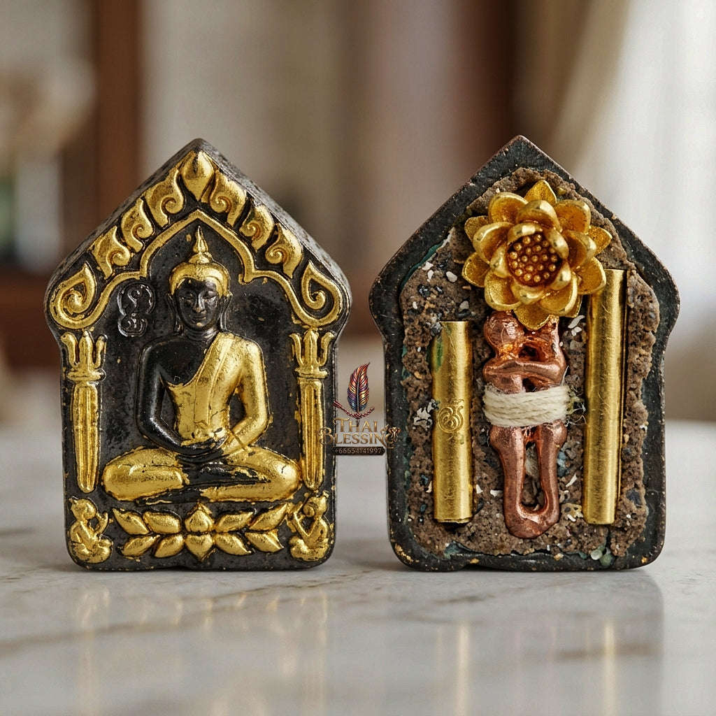 💥 THE RARE NORTHERN LANNA MINIATURE MASTERPIECE OF DIVINE GOLD-FOILED BRONZE & PHRAI SPIRIT ALLURE: THE KHRU BA NA SAMNAKSONG DOI I HUI KHUNPHAEN PHRAI MAE BUA THONG (SAMLIT & GOLD-FOILED MINI EDITION)! Thai Blessing Co By RURUECHA