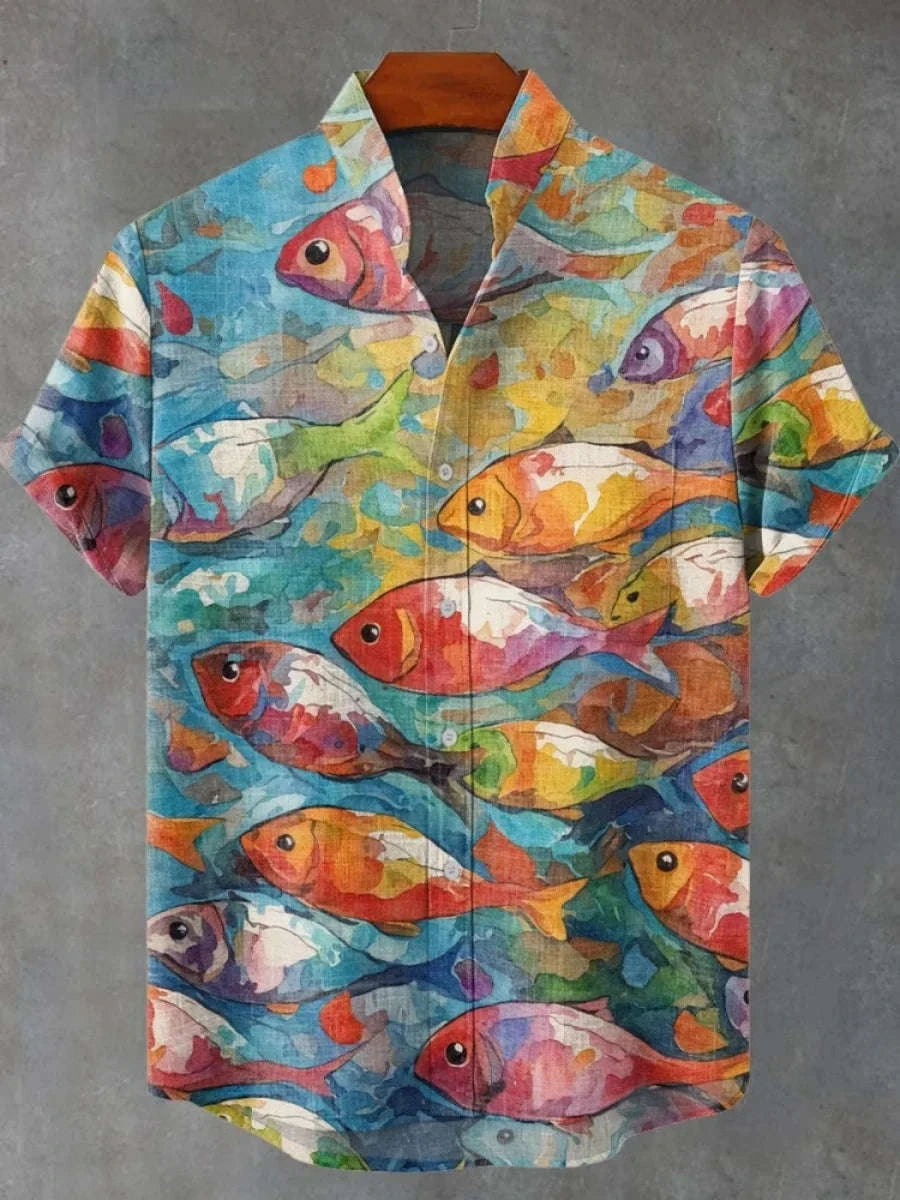 🌊 The Retro-Angler Heritage Shirt: Premium Men’s Vintage Fish-Print Casual Top – High-Definition Digital Print, Breathable Organic Cotton-Linen Blend, and Sophisticated Button-Down Short-Sleeve Silhouette SFQQQD787