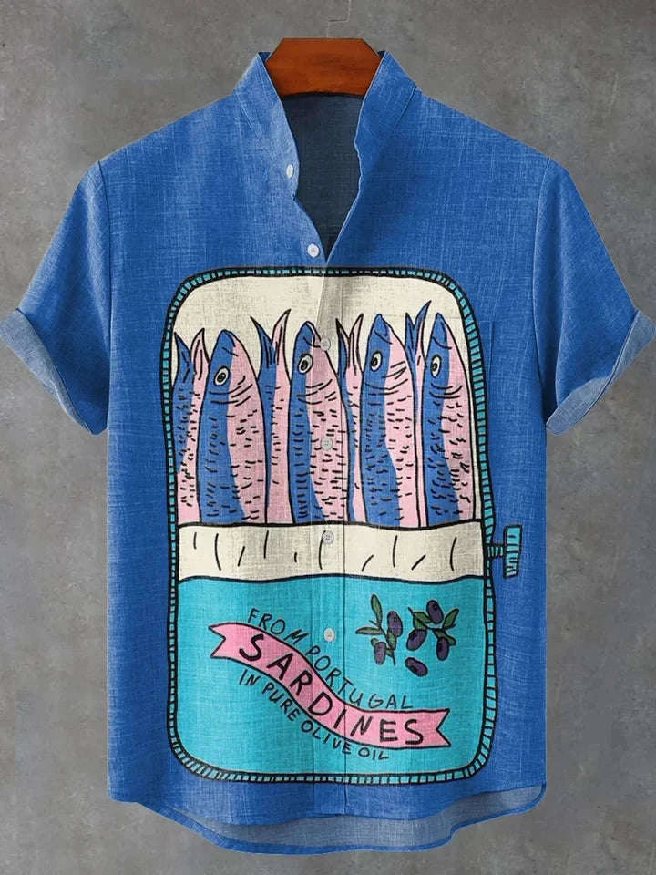 🐟 The Retro-Angler Mandarin Edition: Premium Men’s Stand-Up Collar Linen Shirt – High-Definition 3D Fish Pattern, Breathable Organic Cotton-Linen Blend, and Sophisticated Vintage Casual Silhouette