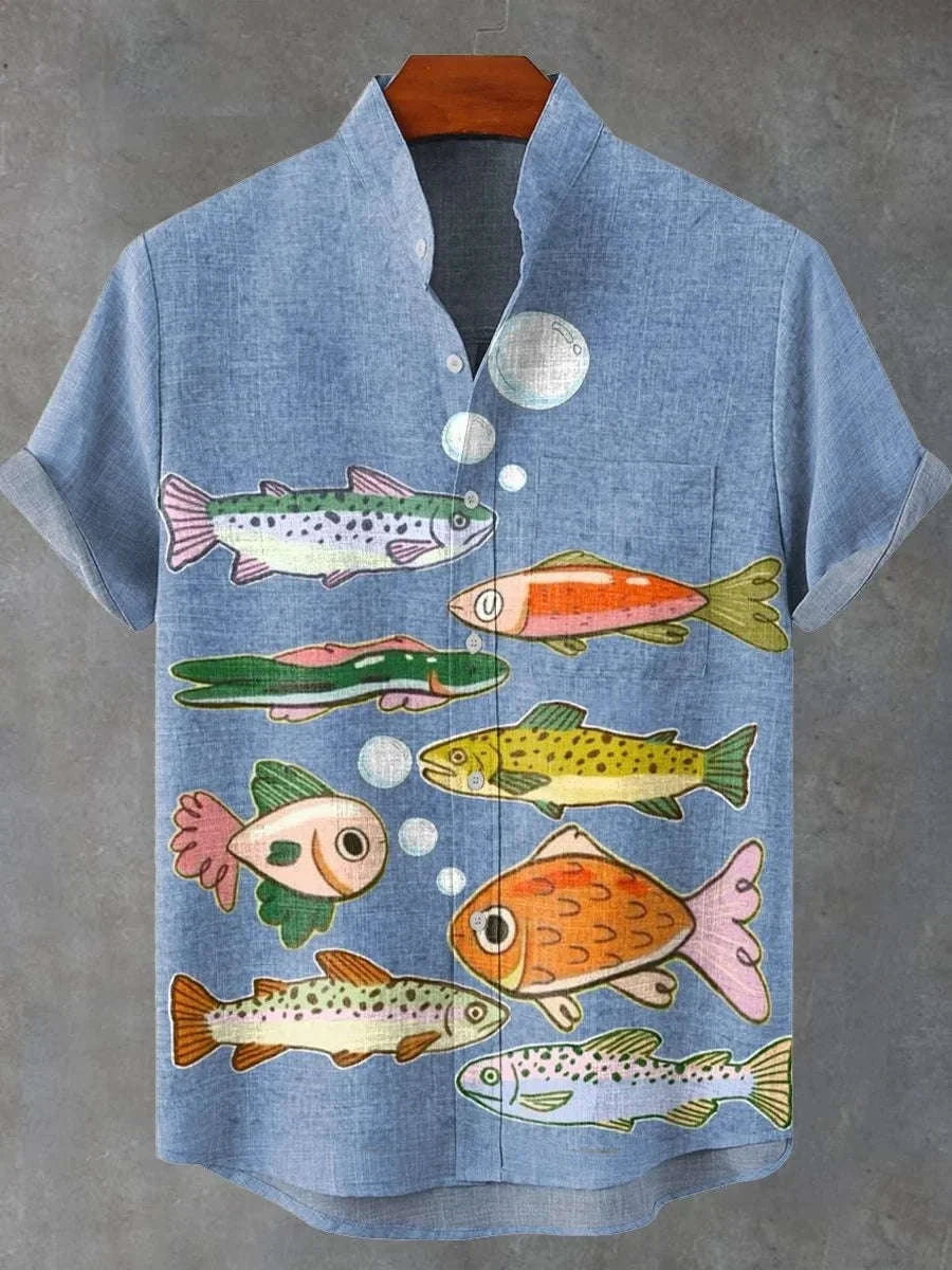 🐟 The Retro-Angler Mandarin Edition: Premium Men’s Stand-Up Collar Linen Shirt – High-Definition 3D Fish Pattern, Breathable Organic Cotton-Linen Blend, and Sophisticated Vintage Casual Silhouette ZD353