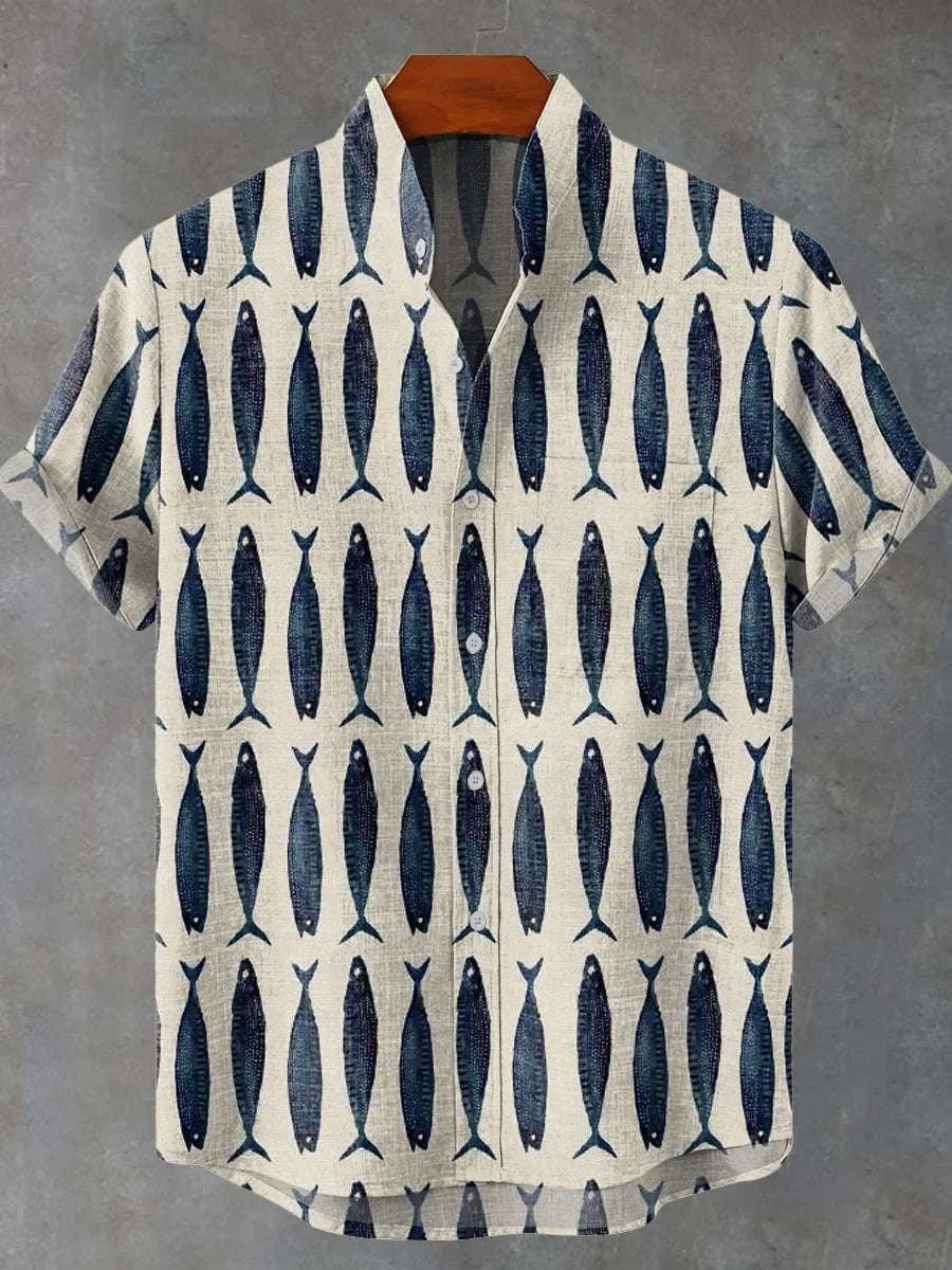 🐟 The Retro-Angler Mandarin Edition: Premium Men’s Stand-Up Collar Linen Shirt – High-Definition 3D Fish Pattern, Breathable Organic Cotton-Linen Blend, and Sophisticated Vintage Casual Silhouette ZD354