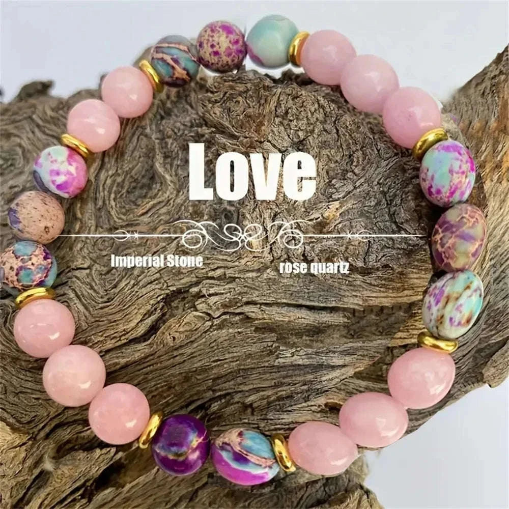 🌈 The "Royal Bloom" Bracelet: Rainbow Imperial Jasper (Emperor Stone) Heart & Flower Bangle