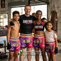 🥊 The Royal Striker: Authentic High-Quality Thailand Muay Thai Shorts – Premium Heavyweight Satin Boxing Trunks, Handcrafted Professional Grade for Adults and Kids, Stylish Performance Combat Wear Blue and black Muay Thai shorts (Pink and purple )