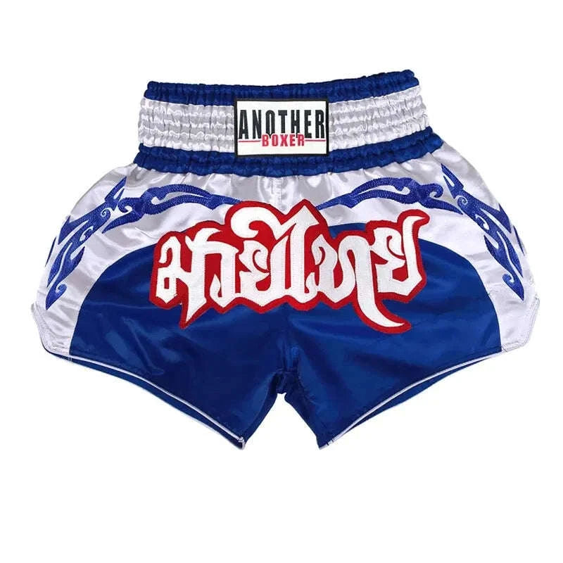 🥊 The Royal Striker: Authentic High-Quality Thailand Muay Thai Shorts – Premium Heavyweight Satin Boxing Trunks, Handcrafted Professional Grade for Adults and Kids, Stylish Performance Combat Wear Blue and black Muay Thai shorts