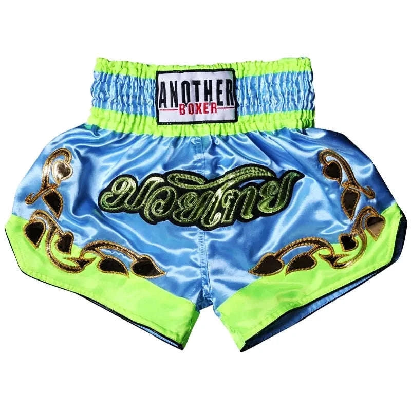 🥊 The Royal Striker: Authentic High-Quality Thailand Muay Thai Shorts – Premium Heavyweight Satin Boxing Trunks, Handcrafted Professional Grade for Adults and Kids, Stylish Performance Combat Wear Blue and black Muay Thai shorts