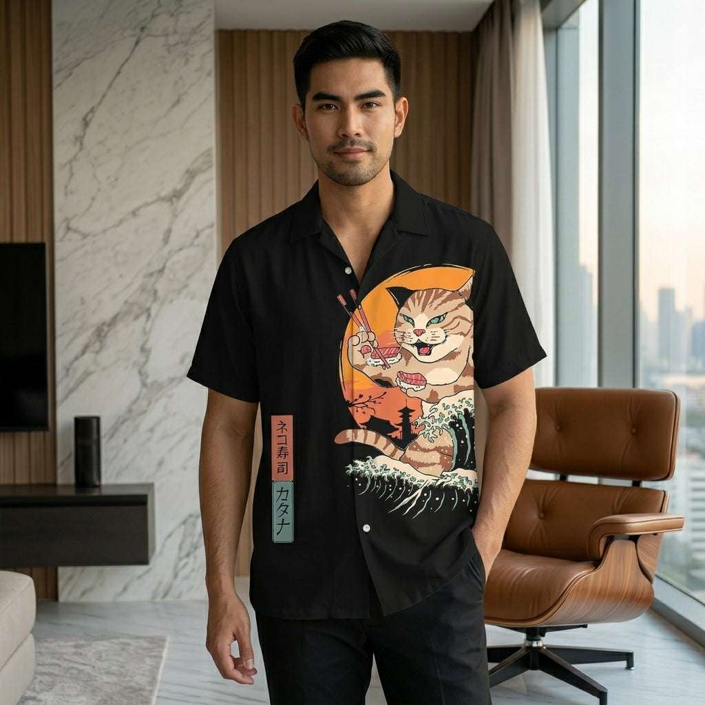 🐱⚔️The Samurai Neko Edition Premium Unisex 3D Printed Japanese Samurai Cat Shirt - High-Definition Bushido Feline Graphic Quick-Dry Hawaiian Beach Shirt, Breathable Urban-Streetwear Short-Sleeve Casual Apparel Thai Blessing Co By RURUECHA