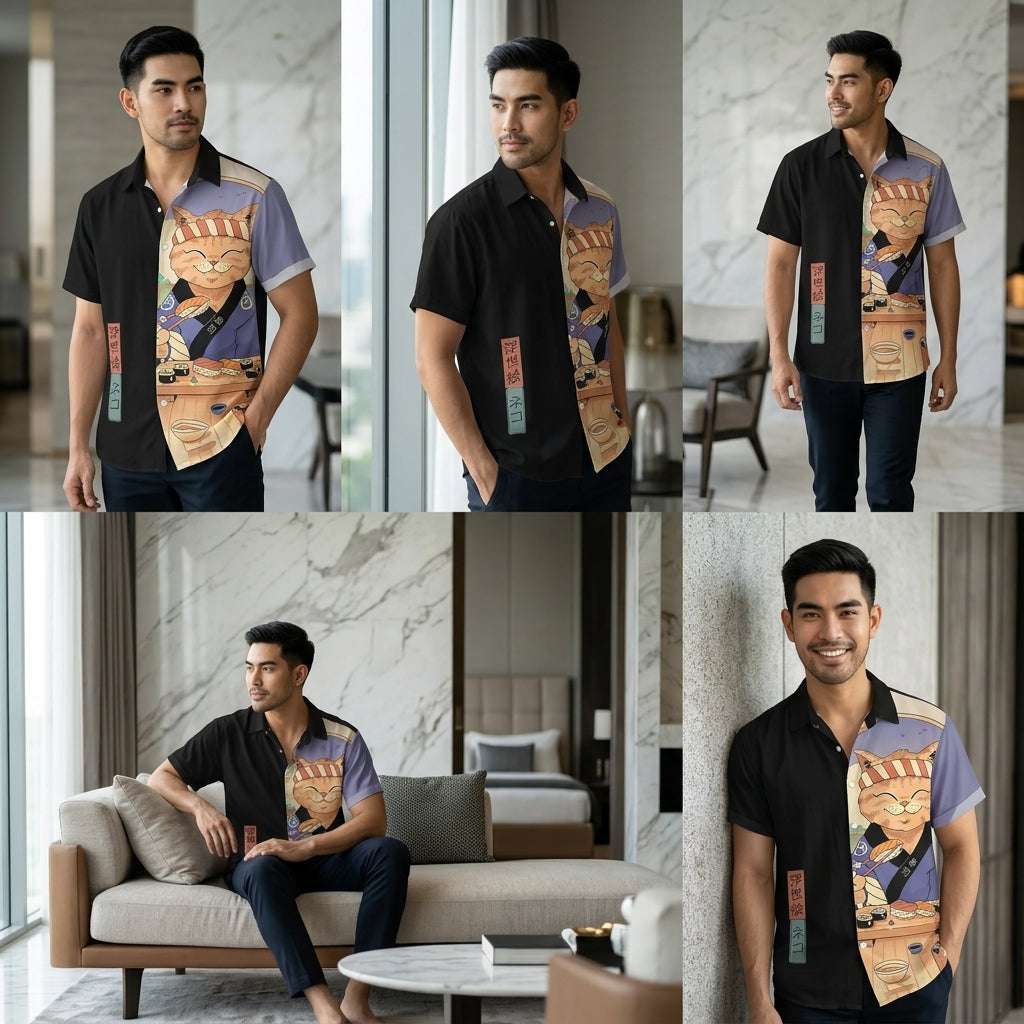 🐱⚔️The Samurai Neko Edition Premium Unisex 3D Printed Japanese Samurai Cat Shirt - High-Definition Bushido Feline Graphic Quick-Dry Hawaiian Beach Shirt, Breathable Urban-Streetwear Short-Sleeve Casual Apparel Thai Blessing Co By RURUECHA