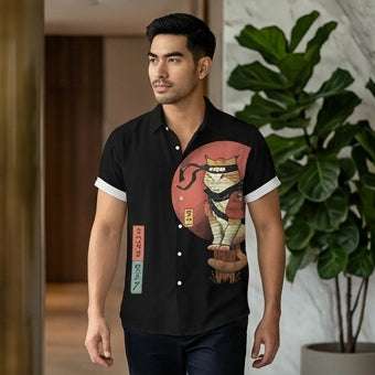 🐱⚔️The Samurai Neko Edition Premium Unisex 3D Printed Japanese Samurai Cat Shirt - High-Definition Bushido Feline Graphic Quick-Dry Hawaiian Beach Shirt, Breathable Urban-Streetwear Short-Sleeve Casual Apparel Thai Blessing Co By RURUECHA