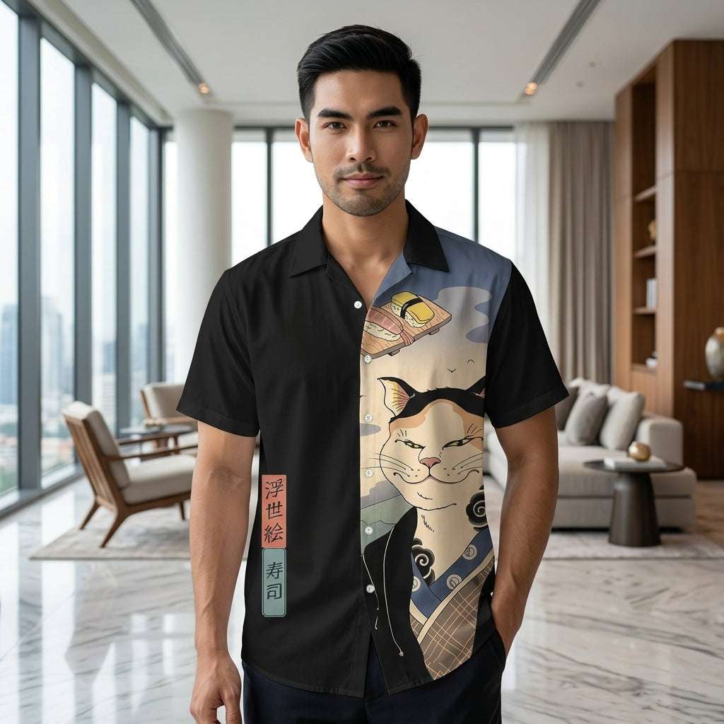 🐱⚔️The Samurai Neko Edition Premium Unisex 3D Printed Japanese Samurai Cat Shirt - High-Definition Bushido Feline Graphic Quick-Dry Hawaiian Beach Shirt, Breathable Urban-Streetwear Short-Sleeve Casual Apparel Thai Blessing Co By RURUECHA