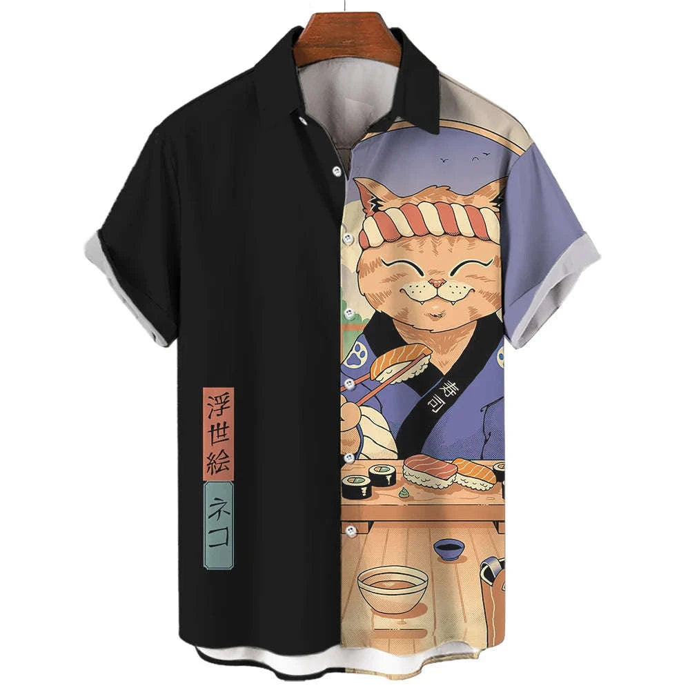 🐱⚔️The Samurai Neko Edition Premium Unisex 3D Printed Japanese Samurai Cat Shirt - High-Definition Bushido Feline Graphic Quick-Dry Hawaiian Beach Shirt, Breathable Urban-Streetwear Short-Sleeve Casual Apparel CS2024AT8895