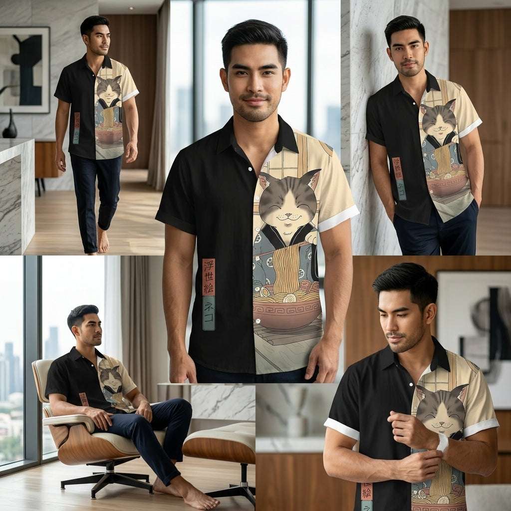 🐱⚔️The Samurai Neko Edition Premium Unisex 3D Printed Japanese Samurai Cat Shirt - High-Definition Bushido Feline Graphic Quick-Dry Hawaiian Beach Shirt, Breathable Urban-Streetwear Short-Sleeve Casual Apparel Thai Blessing Co By RURUECHA