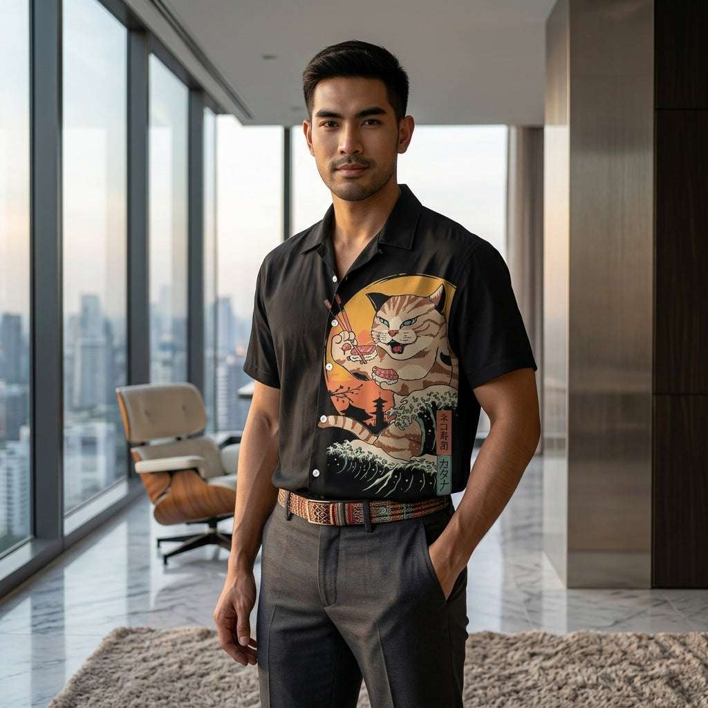 🐱⚔️The Samurai Neko Edition Premium Unisex 3D Printed Japanese Samurai Cat Shirt - High-Definition Bushido Feline Graphic Quick-Dry Hawaiian Beach Shirt, Breathable Urban-Streetwear Short-Sleeve Casual Apparel Thai Blessing Co By RURUECHA