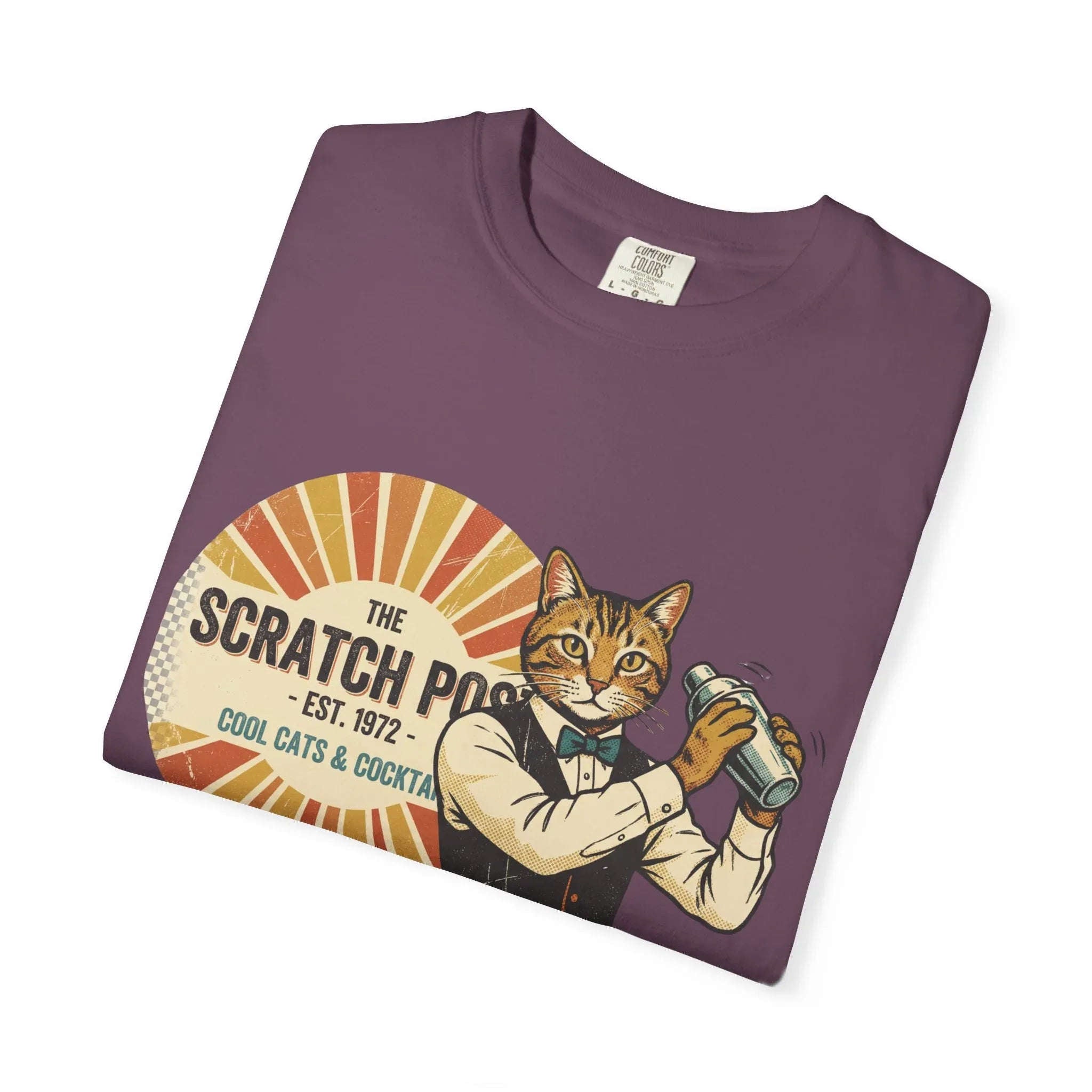 The Scratch Pub Shirt, Cat Bartender Tee, Retro Cocktail T-Shirt, Vintage Sunburst Bar Graphic, Mixologist Gift, Cat Lover Berry M