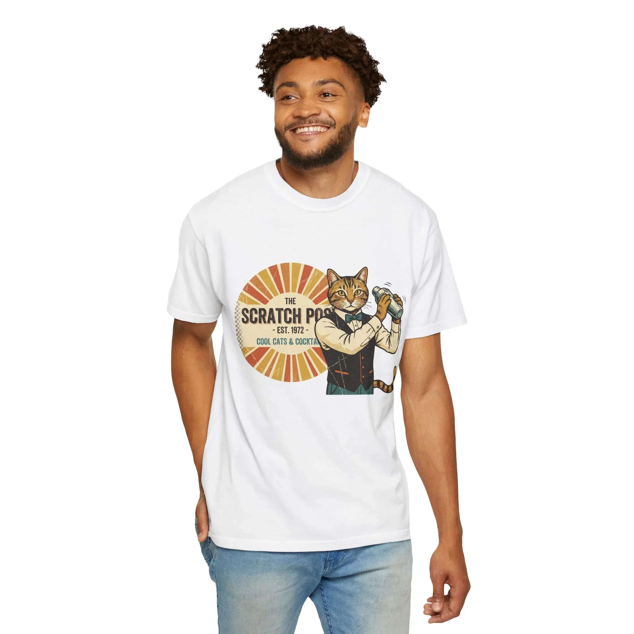 The Scratch Pub Shirt, Cat Bartender Tee, Retro Cocktail T-Shirt, Vintage Sunburst Bar Graphic, Mixologist Gift, Cat Lover