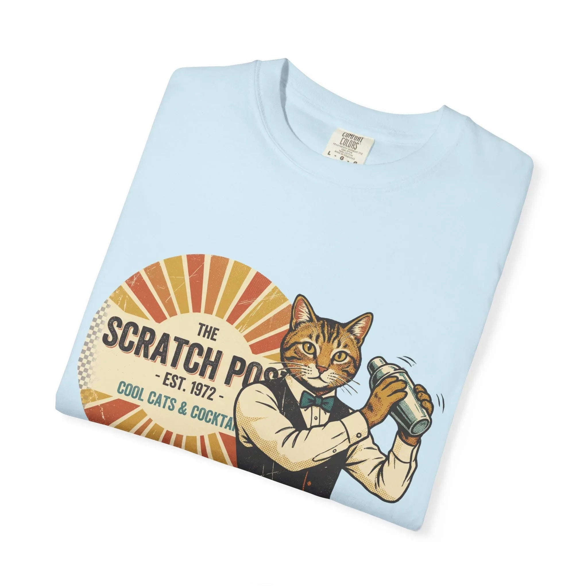 The Scratch Pub Shirt, Cat Bartender Tee, Retro Cocktail T-Shirt, Vintage Sunburst Bar Graphic, Mixologist Gift, Cat Lover Chambray