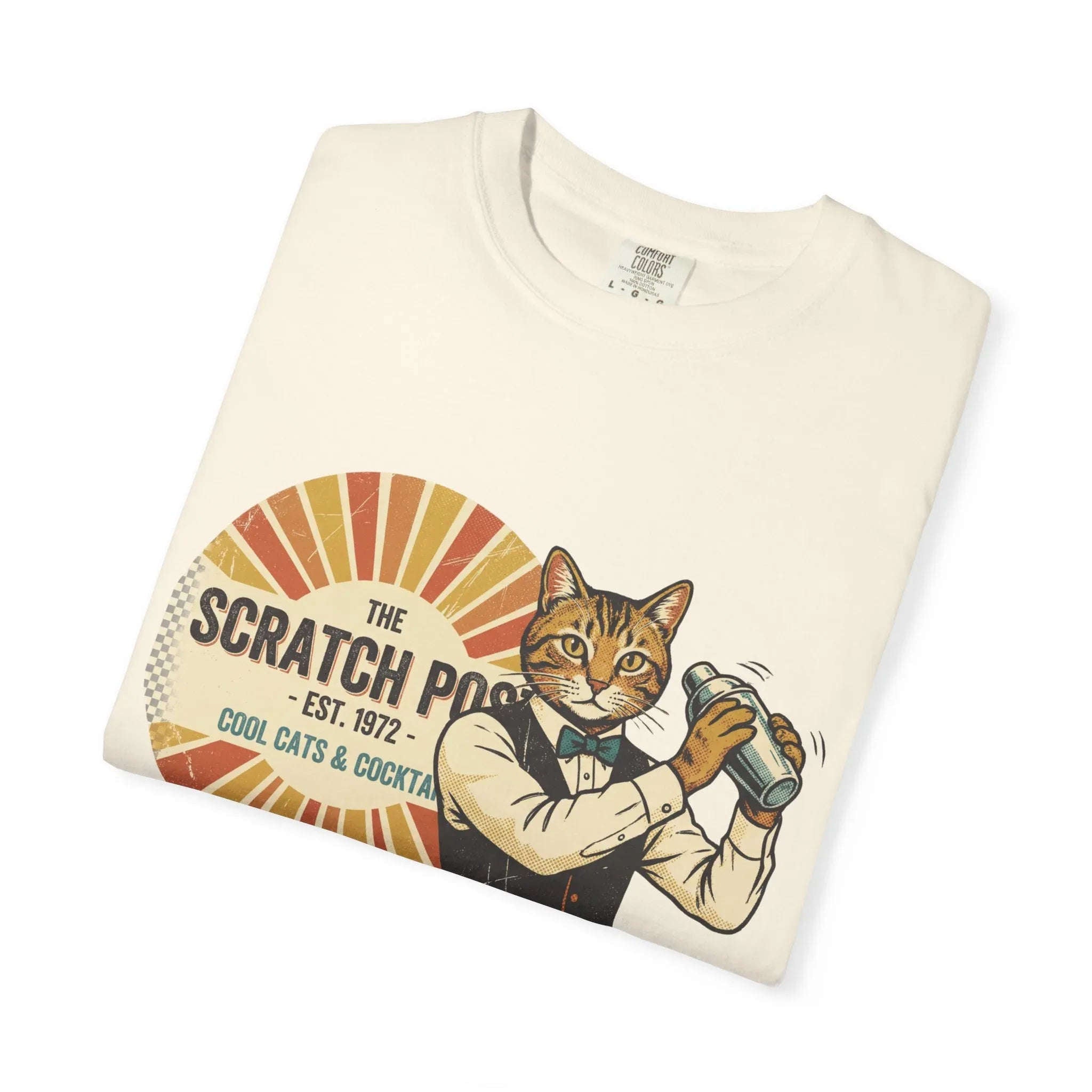 The Scratch Pub Shirt, Cat Bartender Tee, Retro Cocktail T-Shirt, Vintage Sunburst Bar Graphic, Mixologist Gift, Cat Lover Ivory