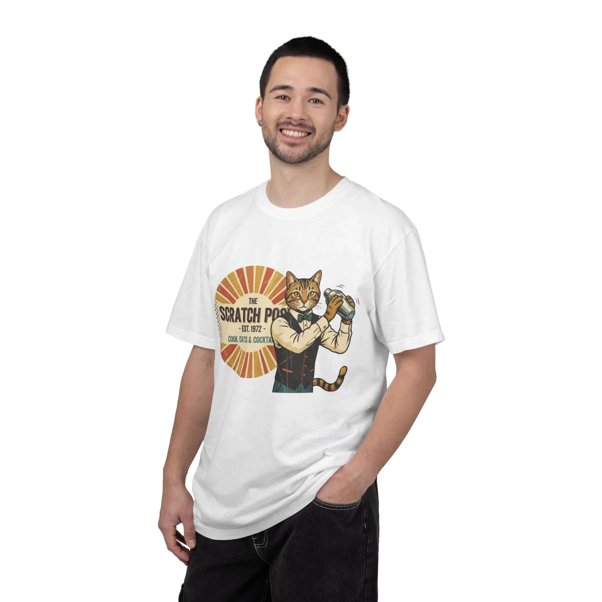 The Scratch Pub Shirt, Cat Bartender Tee, Retro Cocktail T-Shirt, Vintage Sunburst Bar Graphic, Mixologist Gift, Cat Lover