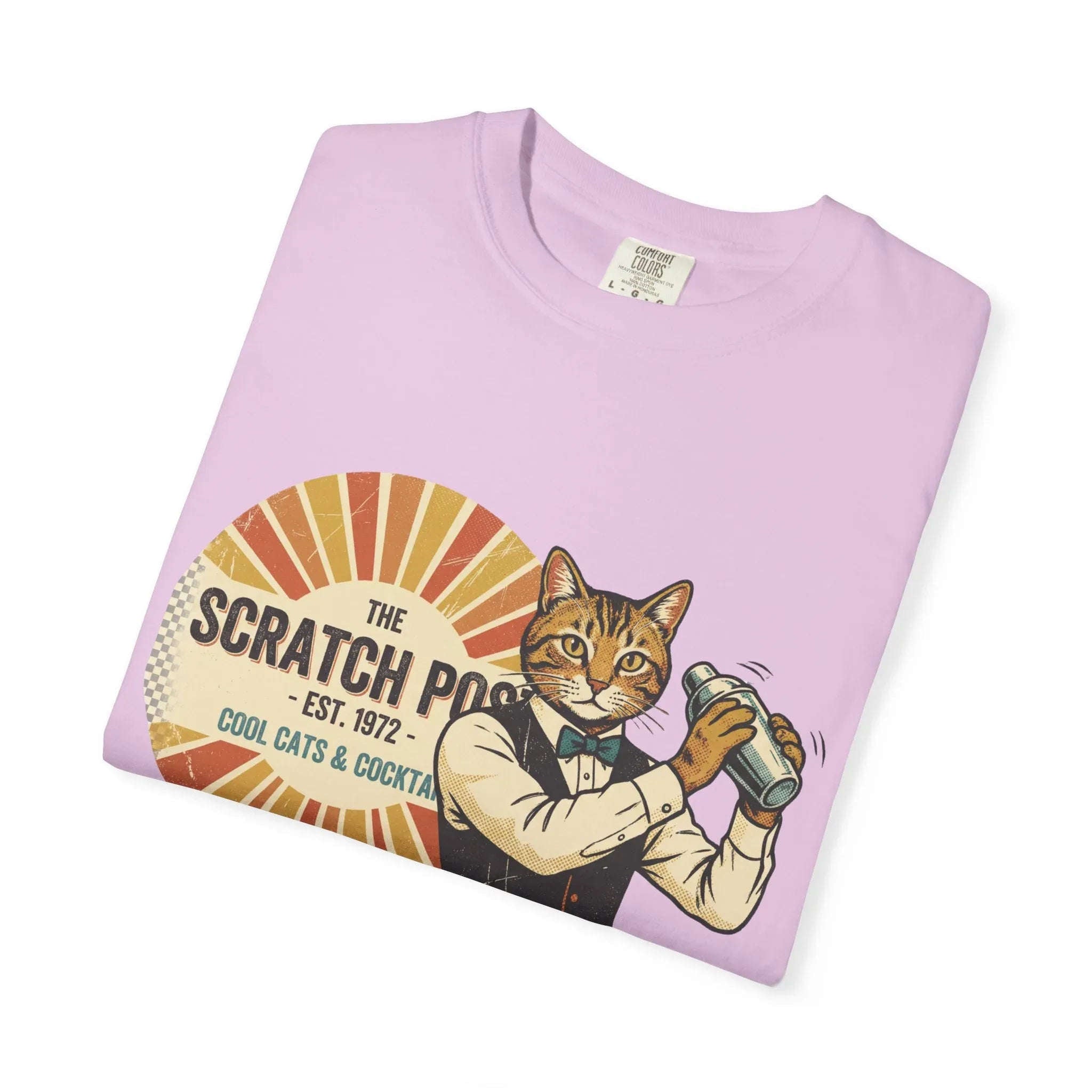 The Scratch Pub Shirt, Cat Bartender Tee, Retro Cocktail T-Shirt, Vintage Sunburst Bar Graphic, Mixologist Gift, Cat Lover Orchid