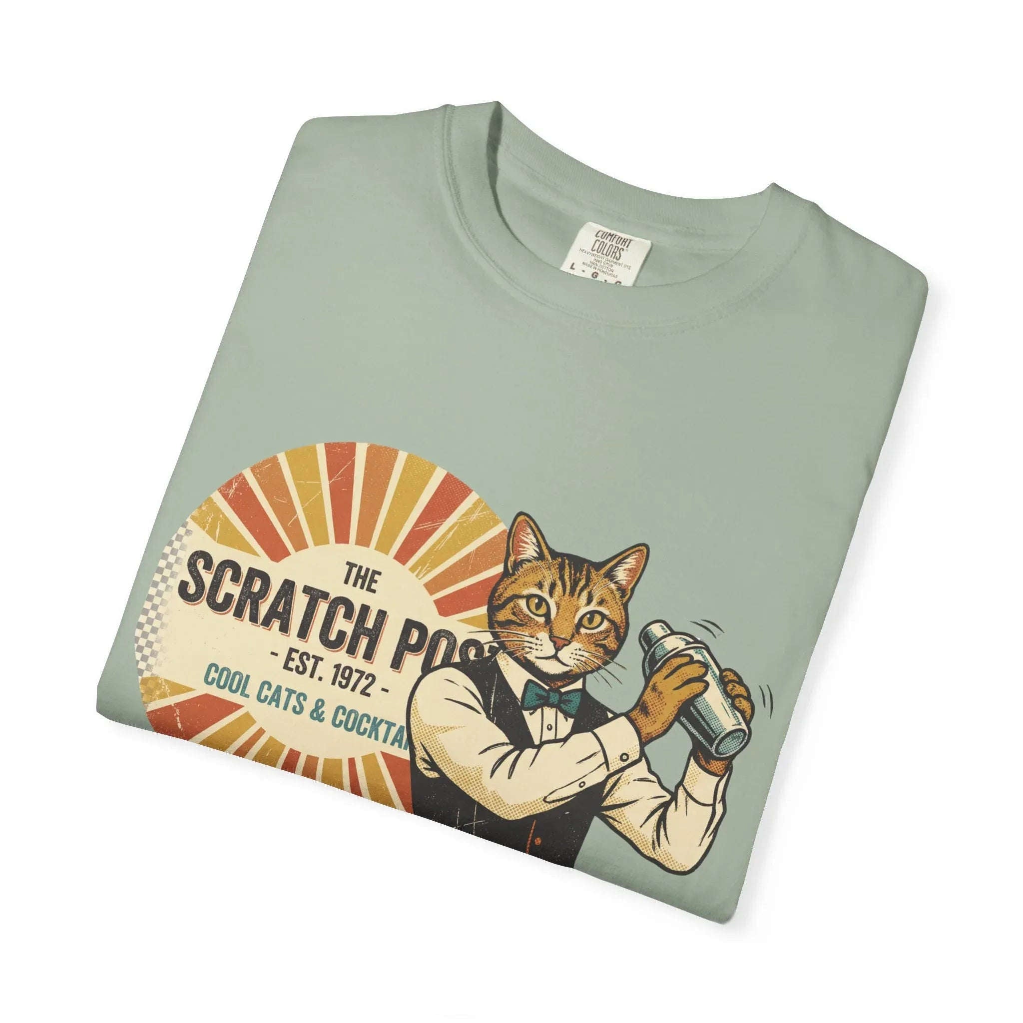 The Scratch Pub Shirt, Cat Bartender Tee, Retro Cocktail T-Shirt, Vintage Sunburst Bar Graphic, Mixologist Gift, Cat Lover Bay