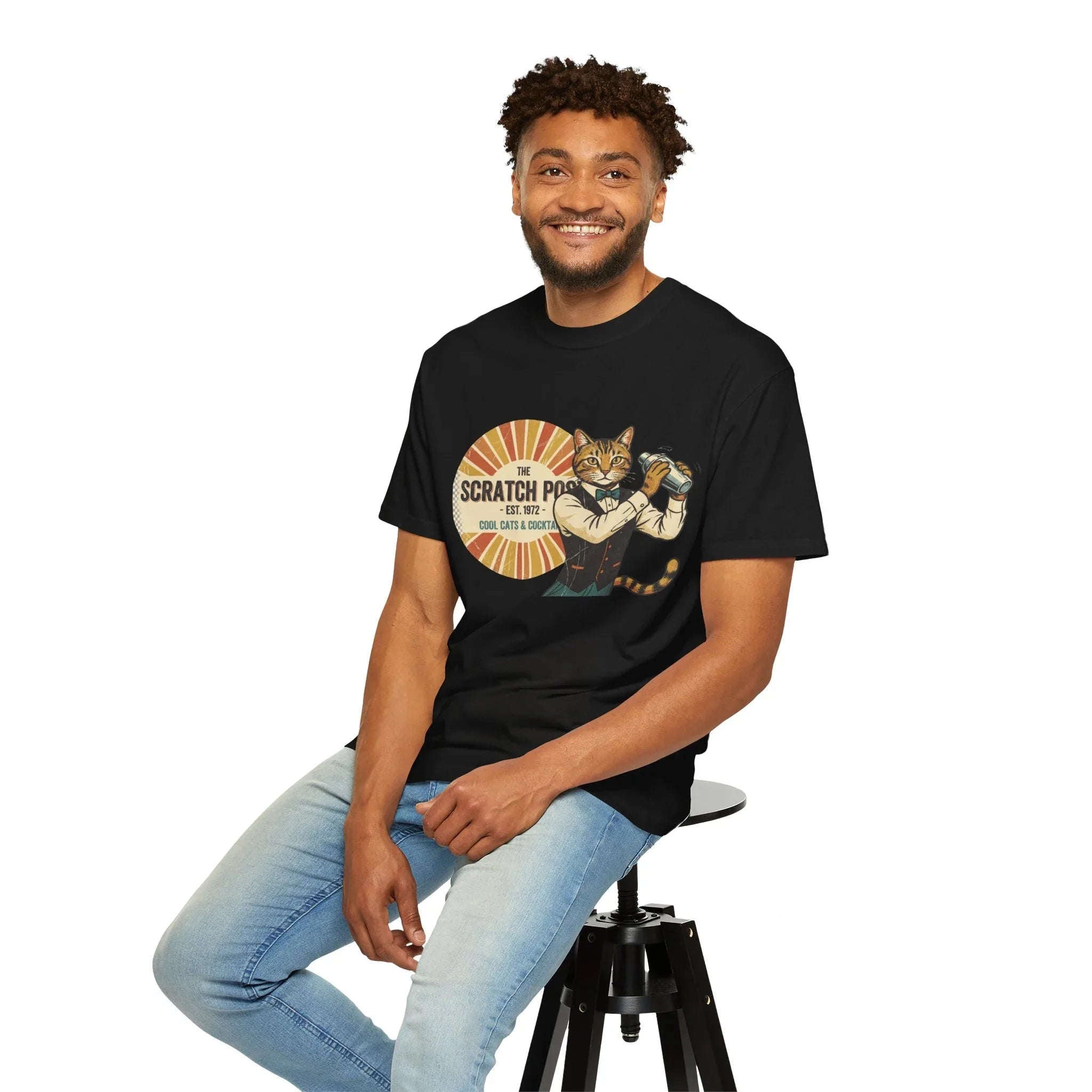 The Scratch Pub Shirt, Cat Bartender Tee, Retro Cocktail T-Shirt, Vintage Sunburst Bar Graphic, Mixologist Gift, Cat Lover
