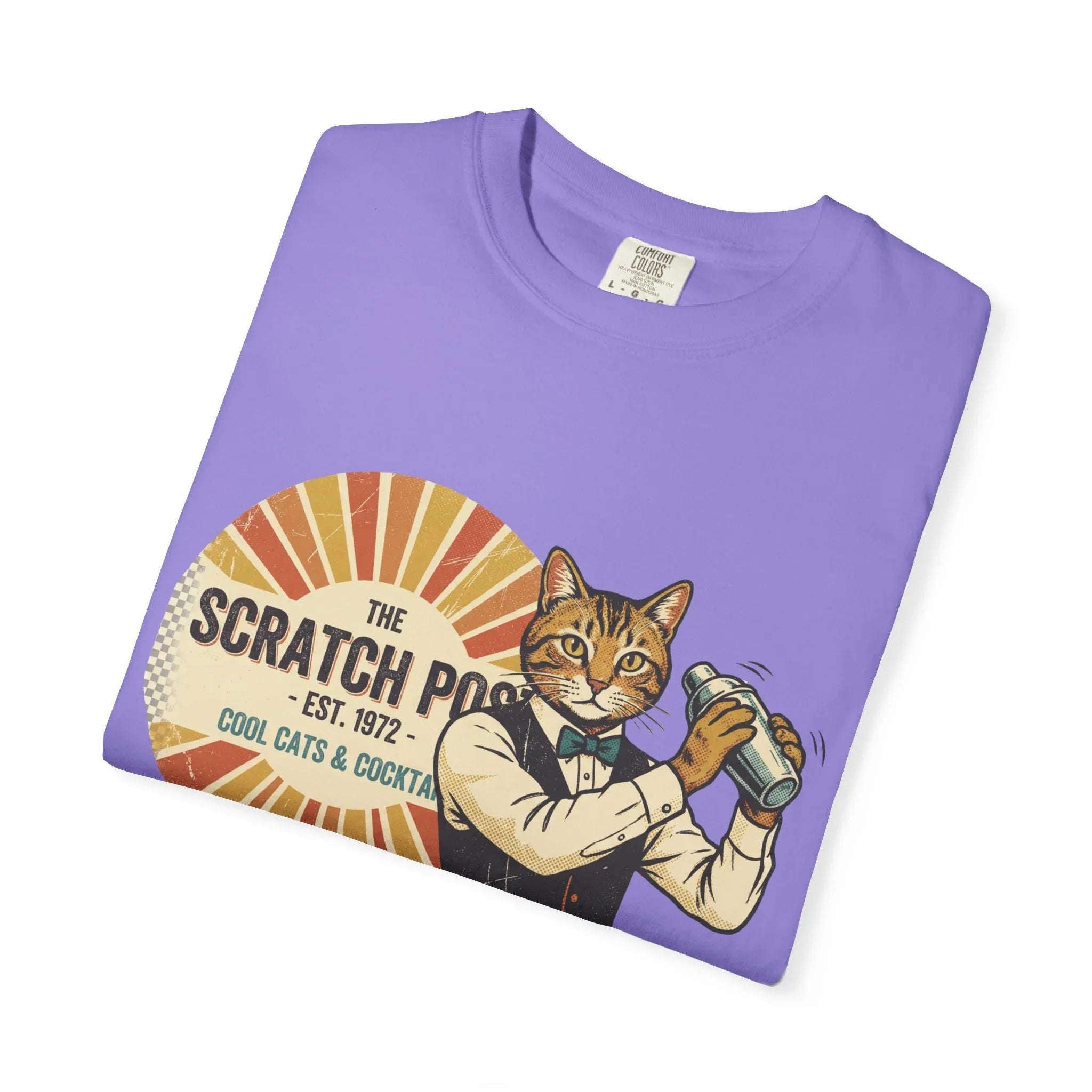 The Scratch Pub Shirt, Cat Bartender Tee, Retro Cocktail T-Shirt, Vintage Sunburst Bar Graphic, Mixologist Gift, Cat Lover Violet